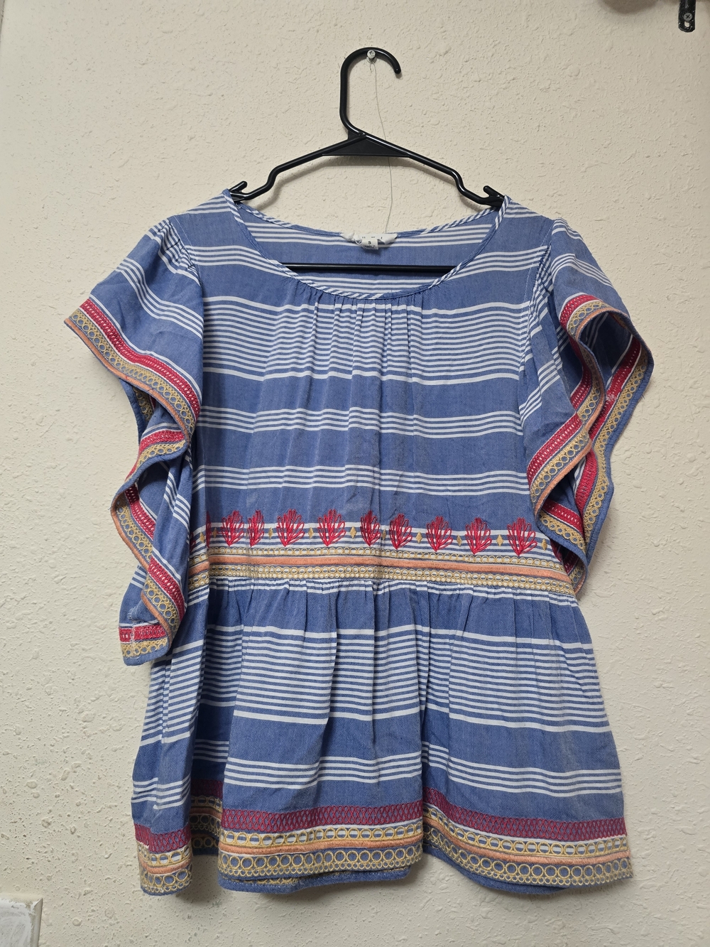 THML Blue Striped Ruffle Sleeve Embroidered Peplum Top